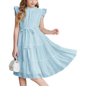 Arshiner Robes Filles Bleu sans Manches Robe en Mousseline Soie Robe à Volants pour Enfants Robe de Fête Robe décontractée Robe d'école Robe Enfants Robes de Fille de Fleur avec Ceinture 12-13 Ans (Arshiner Store, neuf)