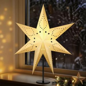 Lewondr Lampe Table Étoile De Noël En Papier 3D, 17,72" Étoile De Noël À 7 Pointes Ajourée Illuminée Avec Ampoule LED E14, Décoration Lumineuse Table Pour Fêtes Avec Base En Fer (Showmore EU, neuf)