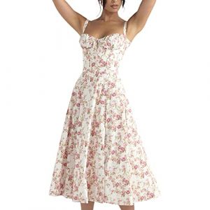 Odizli Robe longue d'&eacute;t&eacute; sexy, sans manches, pour femme, avec bretelles spaghetti, style boh&egrave;me, motif floral, avec fente, Rose, L (Odizli store, neuf)