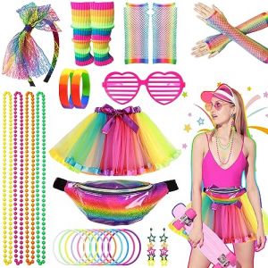 26PCS Déguisement Année 80 Accessoire Femme,Disco 90 Costume Vetement Fête Fluo avec Tutu Sac Banane Serre-tête Boucles Colliers Bracelets Gants Jambières Lunettes pour Noël Soirée Carnaval (Rainbow) (rongjia-ww, neuf)