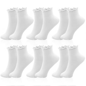 ZOCONE 6 Paires Chaussettes Blanches Femme Tricotées Chaussettes à Volants, Chaussettes en Dentelle de Coton en Décontractées de Couleur Solide, Socquettes Blanches femme (Li Lei55121, neuf)