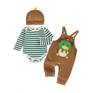 Dazzerake Ensemble B&eacute;b&eacute; Gar&ccedil;on 3 Pi&egrave;ces Tenue B&eacute;b&eacute; Gar&ccedil;on Barboteuse Ray&eacute;e Salopette Brod&eacute;e Chapeau V&ecirc;tement Automne Hiver pour Gar&ccedil;ons 0-18 Mois (Marron Vert, 6-9 Months) (gaokana, neuf)
