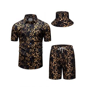 fohemr hommes baroque ensemble de deux pièces or motif chaîne noir chemise short avec chapeau de pêcheur Casual set vacances d'été plage set 5X-Large (fohemr, neuf)