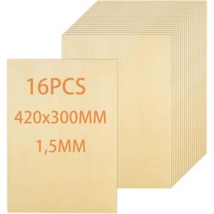 SHUESS Lot de 16 panneaux de contreplaqué de 1,5 mm - 420 x 300 x 1,5 mm - Panneaux en bois pour travaux manuels, contreplaqué de 1,5 mm, bois de tilleul non traité, panneau de particules, panneaux de (LI GUANYANG, neuf)