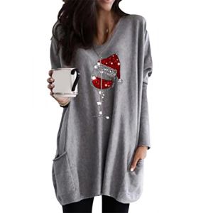 EFOFEI Femme Robe Ample D&eacute;contract&eacute;e Sweat-Shirt &agrave; Double Poche Lat&eacute;rale Sweatshirt Manche Longue Casual Sweatshirt Verre &agrave; Vin Gris Clair XXL (MILKCHOCLAT, neuf)