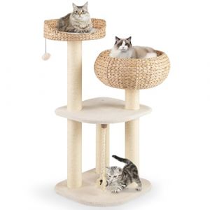 GOPLUS Arbre a Chat 104 CM en Tige de Massette, 4 Niveaux, avec Plateformes, Niche, Poteaux en Sisal, Coussin Souple, Boule et Corde Suspendues pour Chats et Chatons, Blanc et Beige (Augenstern24, neuf)