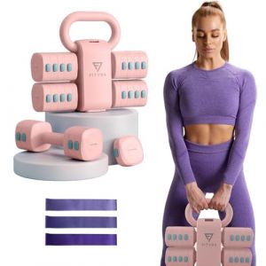 FITVRA Haltere Reglable 2 en 1 + Kettlebell Réglable – Haltères Musculation Femme – Kit Musculation Rose 1–3 kg & 2,5–6,5 kg, Poids Ajustables, 3 Bandes & Guide (GlopGame, neuf)
