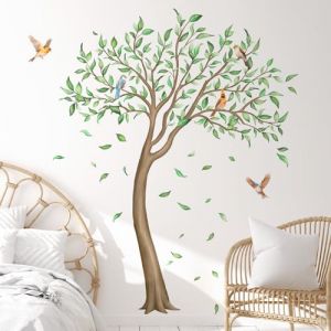 Decvictor Stickers Muraux Grand Arbre Vert Autocollant Mural Oiseaux Feuilles Tombantes Decoration Murale pour Chambre Salon Allée Bureau Canapé Fond TV Mur (W146 * H166 cm) (XYTEC STORE, neuf)