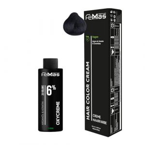 Femmas Kit de coloration capillaire noire 1 I Hair Color Cream 100 ml + Oxycreme 100 ml 6 % I Coloration permanente + développeur I Doux et durable I Coloration pour cheveux de salon à la maison (Femmas, neuf)