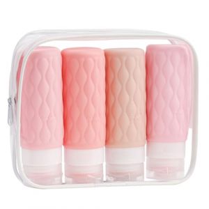 YoHyien 4 Pièces Flacons de Voyage en Silicone, Contenant Voyage 100ml avec Trousse de Toilette, Recipient Avion Cabine sans BPA, Kit Voyage Produit Toilette pour Cosmétique, Shampoing (Rose) (YoHyien, neuf)