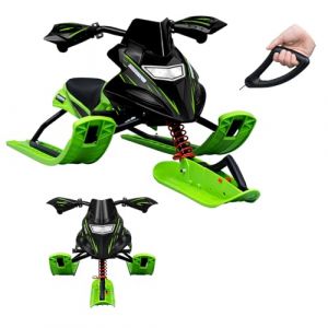 Laneetal Luge Enfant, Snowracer, Luge Bob, avec Volant, Frein et Amortisseur de Choc, Siège Rembourré en PU, Cadre en Acier, Corde de Remorquage Auto-rétractable,Noir+Vert (cg_europa, neuf)