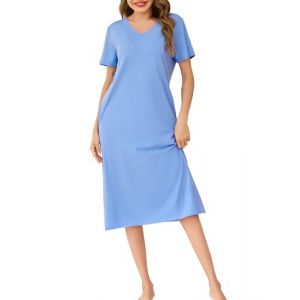 Wikoan Chemise de Nuit Femme en Coton Robe de Nuit &agrave; Manches Courtes V&ecirc;tement de Nuit Col V Chemise de Nuit Longue avec Poches Grande Taille Bleu 3XL (Wikoan Direct, neuf)