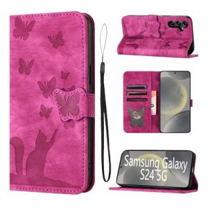 LSPCASA Housse Protection pour Samsung Galaxy S24 Mat&eacute;riau en Cuir PU Coque Samsung Galaxy S24 avec Fentes pour Cartes &Eacute;tui Motif Papillon Chat Coque Samsung S24 Rose (SINGGEADA, neuf)
