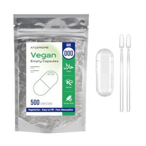 ATLEMISME Gélules Vides Végétales Taille 000 - Lot de 500 avec 2 Cuillères - Sans Gélatine - Gélules Faciles à Remplir et à Dissoudre Rapidement - Idéales pour Compléments Alimentaires et Poudres (ATLEMISME, neuf)