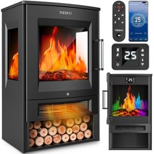 TRESKO&reg; Chemin&eacute;e &eacute;lectrique 1800W, Maison Intelligente WiFi App & t&eacute;l&eacute;commande | Po&ecirc;le &eacute;lectrique Effet Flamme LED & &eacute;cran LCD | Foyer &eacute;lectrique + Thermostat | Chauffage soufflant minuterie (Noir) (DWD-Company, neuf)