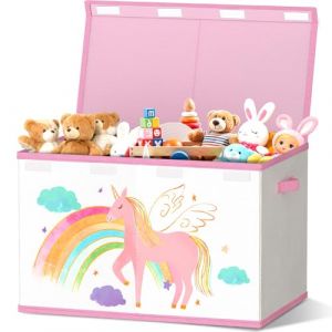 VERONLY Bo&icirc;te de rangement &agrave; jouets avec couvercle - 83 l - Pliable - Grand rangement pour jouets - Carton avec poign&eacute;es - Pour chambre d'enfant, livres, chambre &agrave; coucher - Beige et rose (verostorage, neuf)