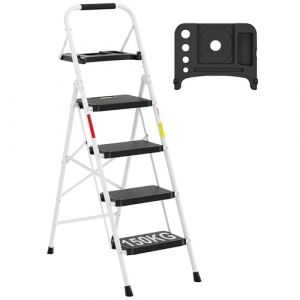 BONTEC Escabeau 4 Marches avec Plateforme de Travail, Charge 150 kg Escabeau Pliable, Larges Marche Pied Pliable Antidérapantes, Tabouret en Acier Marche Pied Adulte, Blanc (bracketsales123, neuf)