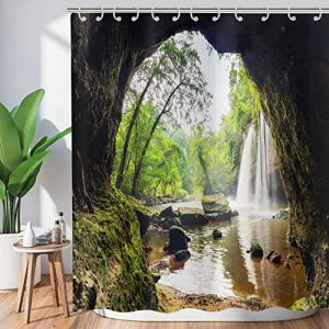 Rideau de douche for&ecirc;t 180 x 180 cm, Hnmdmyi jungle tropicale for&ecirc;t tropicale arbre vert plante nature montagne grotte paysage cascade paysage baignoire rideau imperm&eacute;able tissu polyester lavable (Hnmdmyi, neuf)