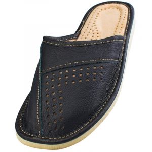 APREGGIO – Chaussons homme en cuir – Mules en cuir – Pantoufles homme – Chaussons – Slippers – Noir foncé – Pointure 44 (Apreggio11, neuf)