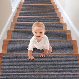 Neuytiky Antid&eacute;rapant Tapis Marche Escalier, Tapis Escalier 15pcs, Marchettes d'Escalier Auto-Adh&eacute;sif, urface Adh&eacute;sif 76 x 20cm pour Enfants &acirc;g&eacute;es Chiens (Gris Doubles Rayures) (SIA THE REAL OUTLET, neuf)