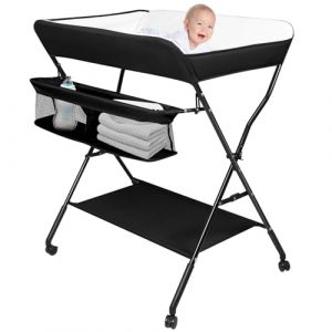 OHMG Commode à langer pliable, table à langer avec roulettes, table à langer mobile avec matelas à langer, ceinture de sécurité et compartiments de rangement, étanche et réglable en hauteur, stable (jusiZL, neuf)