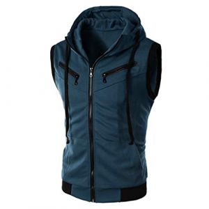 Sweat &agrave; capuche sans manches pour homme, d&eacute;bardeur de bodybulding avec poche zipp&eacute;e, gilet &agrave; capuche pour entra&icirc;nement musculaire, Z02-Sweat &agrave; capuche bleu fonc&eacute; pour homme, L (WinHLin, neuf)