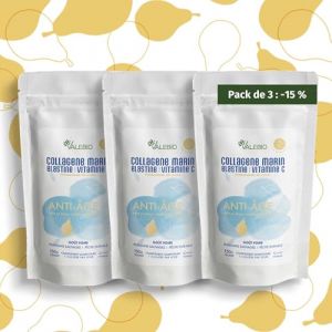 Pack 3 Collagènes marins en poudre goût poire, type 1-3, Elastine & Vitamine C | Anti-âge & anti rides | 450g | Cure 1 mois | Fabriqué en France | Valebio (Valebio, neuf)