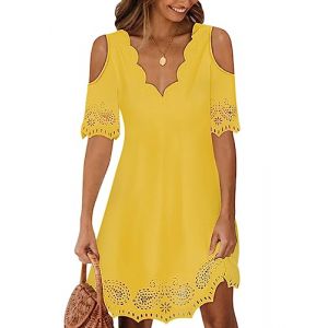 Minetom Dentelle Robe Femmes &Eacute;l&eacute;gante Col V Mini Robe de Vacances Plage Soir&eacute;e F&ecirc;te Casual Tunique Shirt Robe F Jaune XXL (Mon Bon Coup FR, neuf)