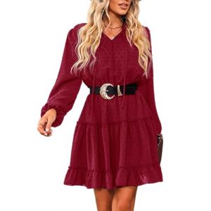 CUPSHE Robe d&eacute;contract&eacute;e pour femme avec volant, cordon de serrage, manches longues, col en V, sans ceinture, coupe ample, robe de cocktail A-Line pour f&ecirc;te, mini-robe de cocktail, Rouge, L (CUPSHE FR, neuf)