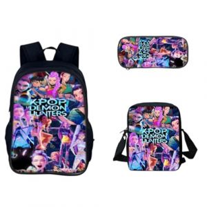 G&eacute;n&eacute;rique Sac &agrave; Dos K-POP DE-MON HUNTERS &ndash; Huntrix Cartable Scolaire Imperm&eacute;able 3 Pi&egrave;ces pour Coll&egrave;ge/Lyc&eacute;e &ndash; Sac Bandouli&egrave;re + Trousse &ndash; Pour Gar&ccedil;on Fille Fans de K-pop (PANGKII, neuf)