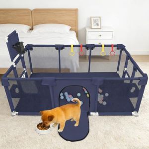 Parc &agrave; Chiots Pouces avec Porte, Parc pour Chiots Ou Petits Chiens,Lavable en Machine, Int&eacute;rieur/ext&eacute;rieur (180 x 120 x 66 cm &ndash; Bleu Marine) (Hechheu, neuf)