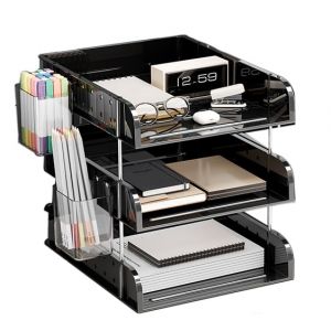 HKeeper Bac &agrave; papier empilable, rehauss&eacute; avec barres de support pour un acc&egrave;s facile, bac &agrave; courrier A4, organiseur de bureau (3) (noir, 3 niveaux) (E-harvest, neuf)