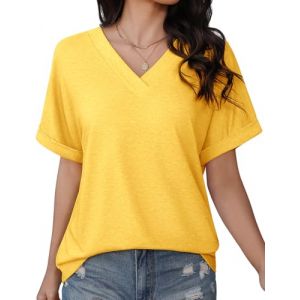 PASUDA Tee Shirt Femme Col V Manche Courte Tshirt Femme Haut Ete Chic et &Eacute;l&eacute;gant Couleur Unie L&acirc;ches Tops Tunique Vetement Femme D'&eacute;t&eacute; D&eacute;contract&eacute; Confortable (Jaune, M) (Amutoo, neuf)