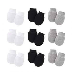 SIOPPKIK 9 Paires de Mitaines Pour Bébé Nouveau-Né Gants pour Tout-Petit Enfant Mitaines Anti-Rayures Gants en Coton Unisexe pour 0-6 Mois Bébé Garçons Filles (Noir, Gris, blanche) (SaiLei, neuf)