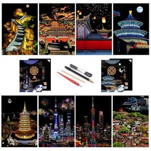 Papier à gratter arc-en-ciel, scène nocturne de la ville, cadeau créatif, tableau à gratter pour adultes et enfants avec 4 outils (Pékin + Shanghai) (charhoo, neuf)