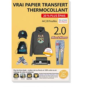 TransOurDream -20 x A4 Papier Transfert pour les Textiles épais couleur Noir ou Foncé - Sweat-shirt ou sac en tissu personnalisé, écusson thermocollant imprimable, Impression Jet d'Encre,FR-3-2.0-20 (TransOurdream, neuf)