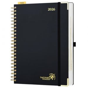 POPRUN Agenda 2026 Journalier A4 Grand Format 30,5 x 22 cm - Couverture Rigide Spirale, 1 Page par Jour, D'Jan 2026 à Déc 2026-12 Mois, Avec règle signet, Papier 80 g/m², Noir (Time Works Wonders, neuf)