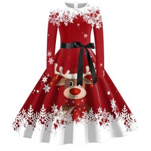 Robe Noël Femme Imprimé Verre à Vin Robe Annee 60 Noel Année 50s Pin Up Rockabilly Swing Jupe Manches Longue Robes de Cocktail Soirée Bal avec Ceinture Déguisement Noel (C-Red, XXL) (BAULMD（90% Big Promotion Without Discount Code ）, neuf)