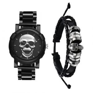 JewelryWe Montre Homme Acier Inoxydable: Ensemble Bracelet Cuir Tress&eacute; et Montre Bracelet Acier Cadran Cr&acirc;ne T&ecirc;te de Mort Gothique Punk Analogique Quartz - Cadeau Halloween et Accessoire Gothique (JewelryWe Bijoux, neuf)