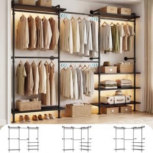 Tringle &agrave; v&ecirc;tements industrielle Pipe - Montage mural - Syst&egrave;me de garde-robe ouvert - Barre de garde-robe t&eacute;lescopique avec &eacute;tag&egrave;res en bois - M&eacute;tal robuste - Armoire accessible pour dressing - Noir (iSunirm, neuf)