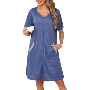 Lovasy Peignoir Femme à Fermeture Éclair Peignoir Kimono Gaufré à Manches Courtes Robe de Chambre Léger Longueur du Genou Loungewear avec Poches,B-Bleu,XXL (Lovasy Direct, neuf)