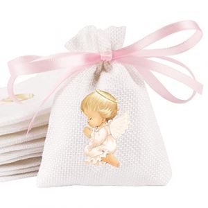 BETESSIN 24pcs Sachets Jute Angelot avec Ruban Contenant Dragées Pochette 8x10cm Sac Cadeaux Invités Baptême Communion Confirmation (Fille) (SaEnkeji, neuf)