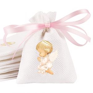 24pcs Sachet Cadeau Dragée Jute Pochette Communion Baptême 8x10cm Toile Chanvre Confirmation Sac Poche Bijoux Bonbon Chocolat Perle Faveur Décoration Fête Communion (SaEnkeji, neuf)