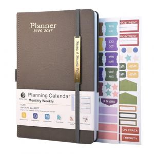 Agenda 2026-2027 - Agenda 18 mois de janvier 2026 &agrave; mi-ann&eacute;e juin 2027, format A5 semainier, planificateur hebdomadaire et mensuel avec couverture en cuir, anneau pour stylo, poche int&eacute;rieure (Gris) (yunlian EU, neuf)