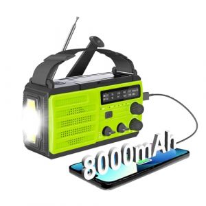 Radio Solaire Dynamo Portable 3 Modes de Recharge avec 8000mah AM/FM Radio Dynamo Survie Power Bank/SOS Alarm/Lampe Poch/1W Ourdoor, Emergency.Radio Portable Rechargeable (Vert) (Meiruijia Electronics, neuf)