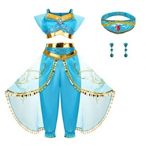 Foierp Déguisement Jasmine fille Aladdin Princesse Jasmine Robes enfants Habiller pour les filles fantaisie Noël Halloween Cosplay Tenues de fête (Foierp Direct EU, neuf)