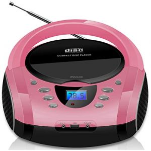 Boombox portable - CD/CD-R - USB - Radio FM - Entrée AUX-IN - Prise casque - Radio enfants - Radio CD - Chaîne stéréo - Système compact - Rose vif (Pretty Pink) (Enstore France, neuf)