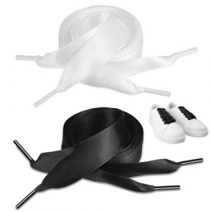 DYMHQ 2 Paires Lacet Ruban Satin Plat, Lacets de Ruban Soie de Chaussures, Paires de Lacets en Satin Plats Convient aux Chaussures de Sport aux Chaussures Décontractées (Noir + Blanc) (ZBLanc, neuf)