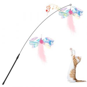 Pawaboo Plumeau de Jeu pour Chat, Canne &agrave; P&ecirc;che avec Une Baguette Extra Large de 88cm et Une Petite Clochette, Jouet Plumeau pour Chat Chaton, B&acirc;ton Jouet Fil Chaser, Papillon Rose (Joiel EU, neuf)