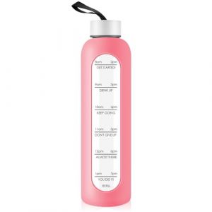 Bouteille d'eau en verre de 1 litre avec couvercle en acier inoxydable &ndash; Bouteille de sport de 1 000 ml avec marqueur de temps, r&eacute;utilisable et incassable en silicone pour fitness, gym, ext&eacute;rieur, (Gistome Direct, neuf)